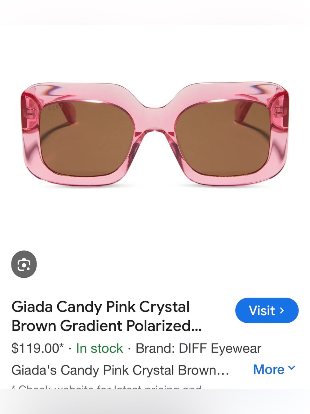 DIFF Eyewear Candy Pink Crystal Square Sunglasses with Brown Lenses